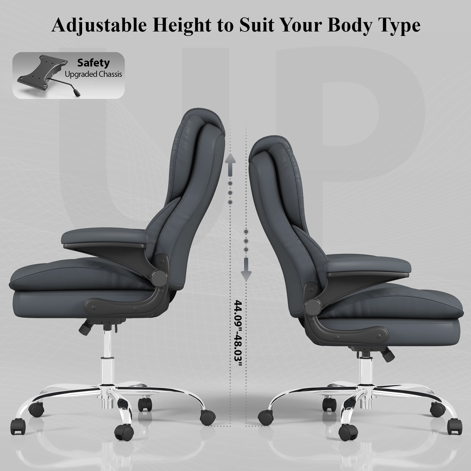 E-motie Home Office Chair with Flip-up Arms, Adjustable High Back Chair, Quiet Nylon Wheels, Grey