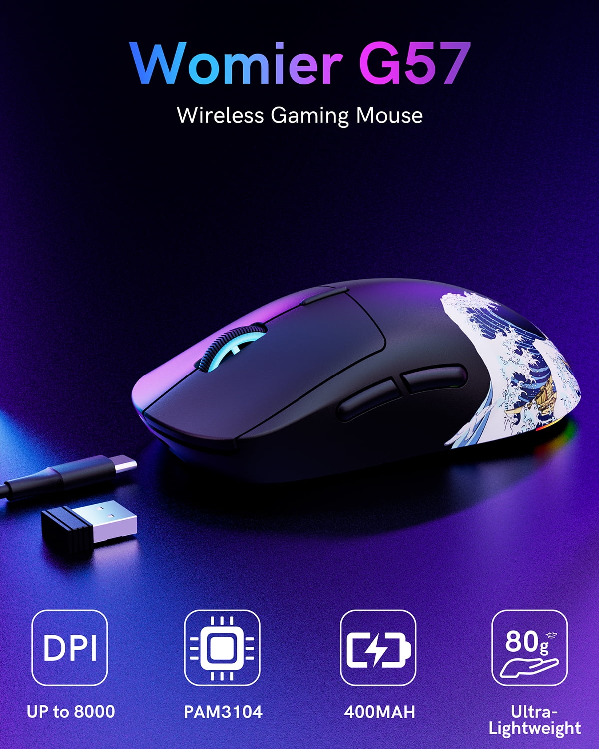 G57 Wireless Gaming Mouse, 8000 DPI, 80g, 2.4G/Bluetooth/USB-C Rechargeable Wireless Mouse with 5 Programmable Buttons for PC/Mac, Black