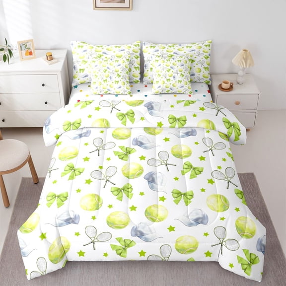 Manfei Cute Tennis Twin Bedding For Boys,Bow Racket Pattern Bedding Comforter Set,Green White,Polkadot Reversible,7pcs