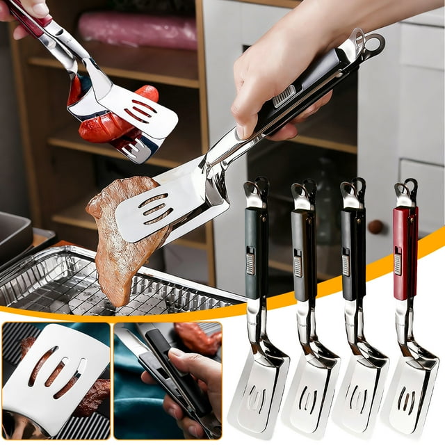 pstuiky 2-In-1 Stainless Steel Kitchen Tongs & Spatula Multipurpose Flipping & Serving Tool for Grilling, Frying & Baking Heat Resistant & Dishwasher Safe