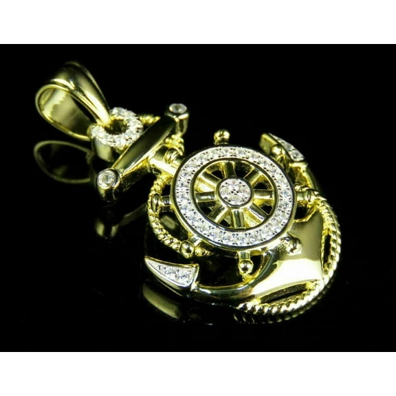 Aishvi Jewels 2 Ct Round Cut Real Moissanite Men's Ship Anchor Charm Pendant With 18" Chain 14K Yellow Gold Plated 925 Sterling Silver