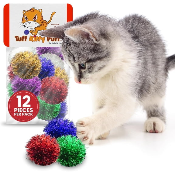 Tuff Kitty Puff Pack of 12 Standard 1.5 Inch Sparkle Tinsel Balls for Cats – Assorted Colors