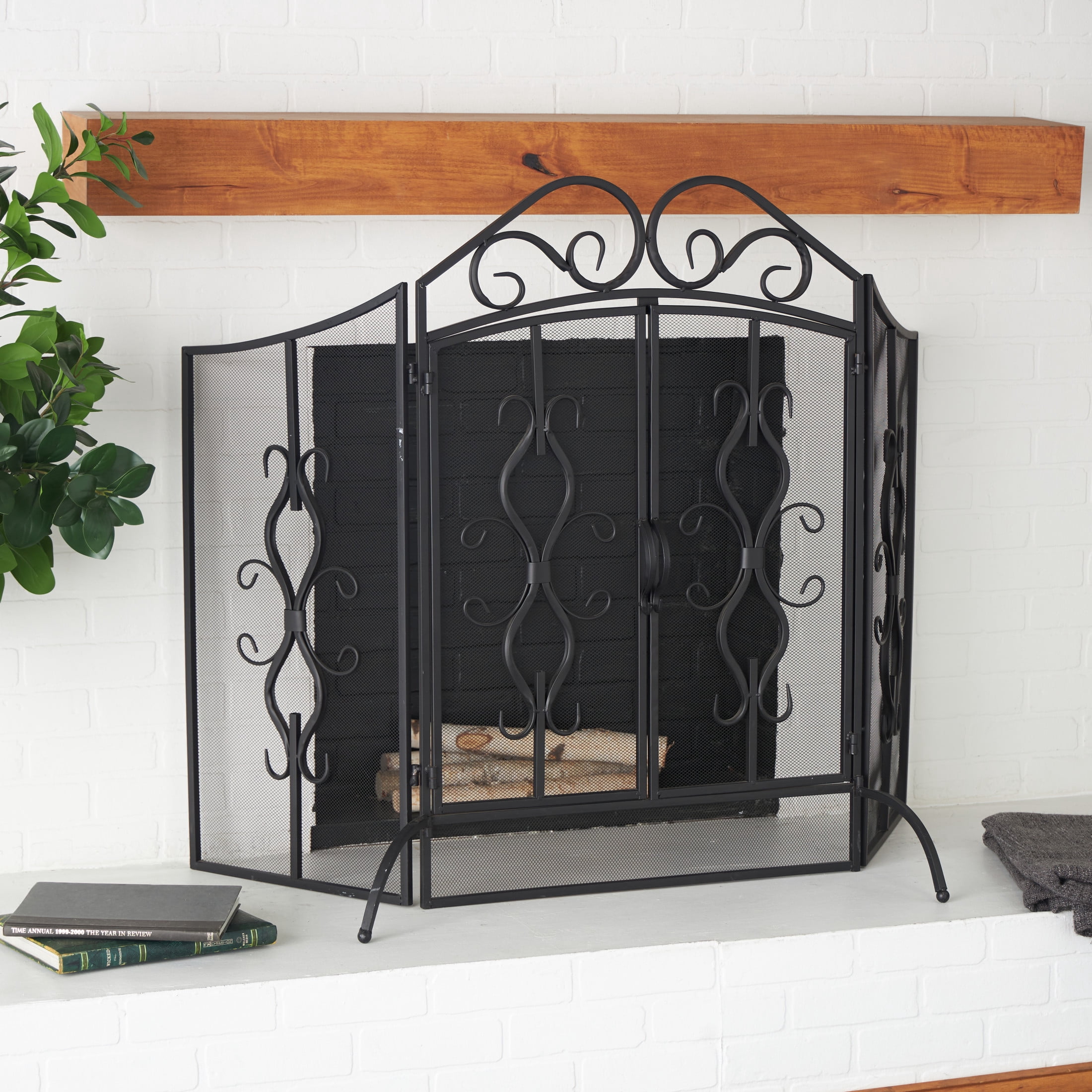 DecMode Gray Traditional Metal 3 Panel Foldable Fireplace Screen with Mesh Netting, 52"W x 35"H