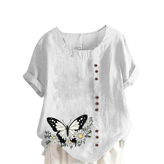 UPPADA Summer Tops for Women Trendy Crewneck Cotton Linen Shirts Comfy Short Sleeve Tunic Blouses Casual Dressy Linen Shirts Ladies Floral Print Tshirts White,XXXXL