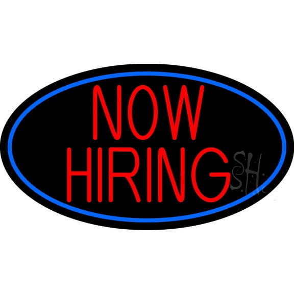 Now Hiring Red Oval With Blue Border LED Neon Sign 20 x 37 - inches, Clear Edge Cut Acrylic Backing, with Dimmer - Bright and Premium built indoor LED Neon Sign for Bar decor.