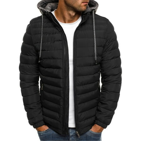 Deal of the Day Sales! Pitauce Winter Coats for Men Fashion Solid Color Hooded Parkas Jacket Leisure Plus Size Cotton Padded Coat Casual Warm Jacket with Zipper
