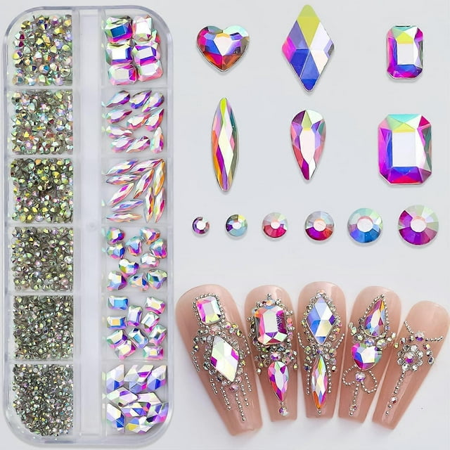1101Pcs Holographic Color Nail Rhinestones for Nail Art Shiny Crystal AB Nail Diamonds Gems Stones 3D Flat Back Multi Size Shape Nail