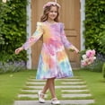 thumbnail image 3 of FKELYI Tie-Dye Dog Paw Print Girl Long Sleeve Dress Ruffle Sleeve Crew Neck Trim Dress for Birthday Party A Line Tiered Swing Pactchwork Dresses, 13-14 Y, 3 of 6