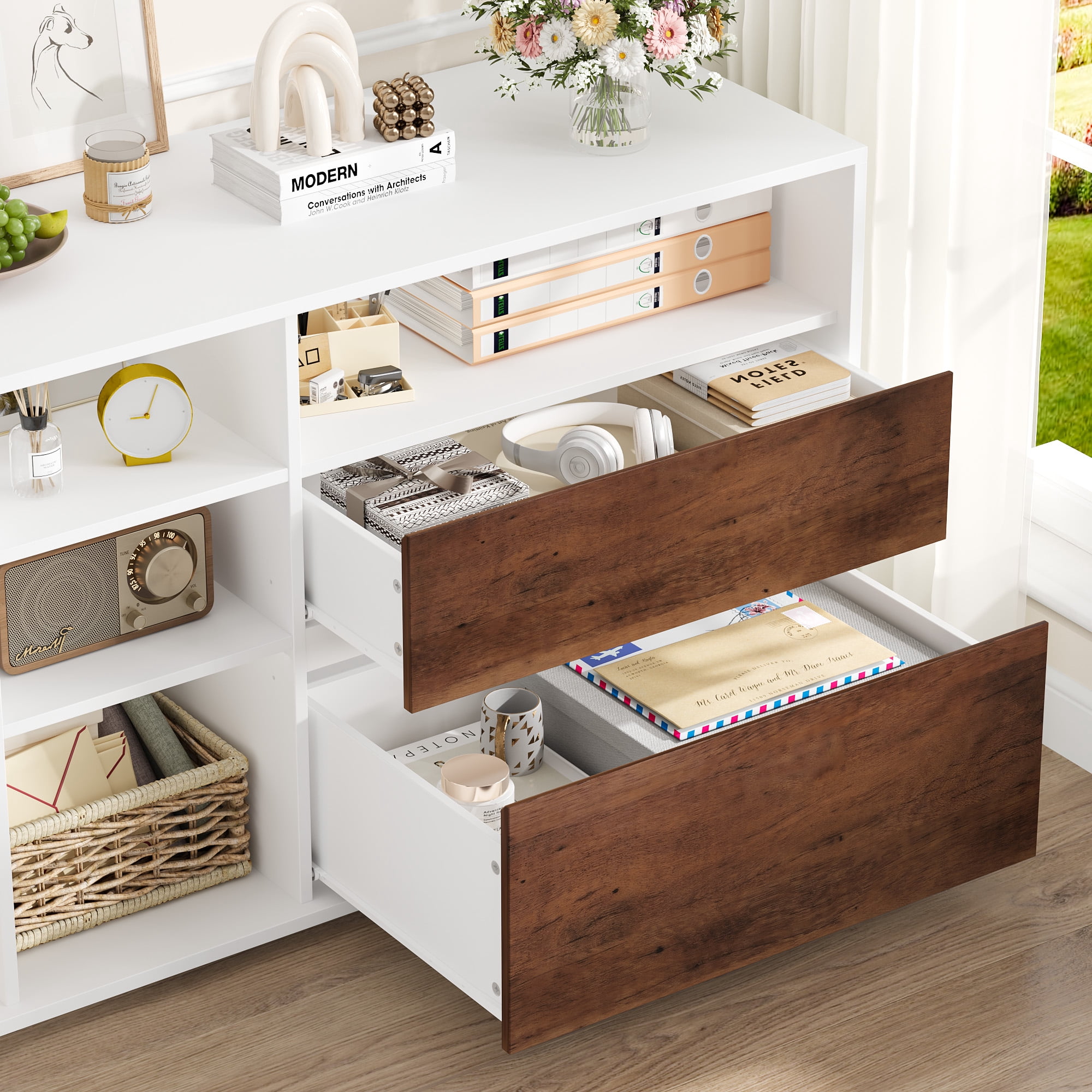 Homfa L Shaped Reversible Computer Desk with Cube Storage Organizer, 2 Drawer Wooden Farmhouse Executive Desk for Home Office, White