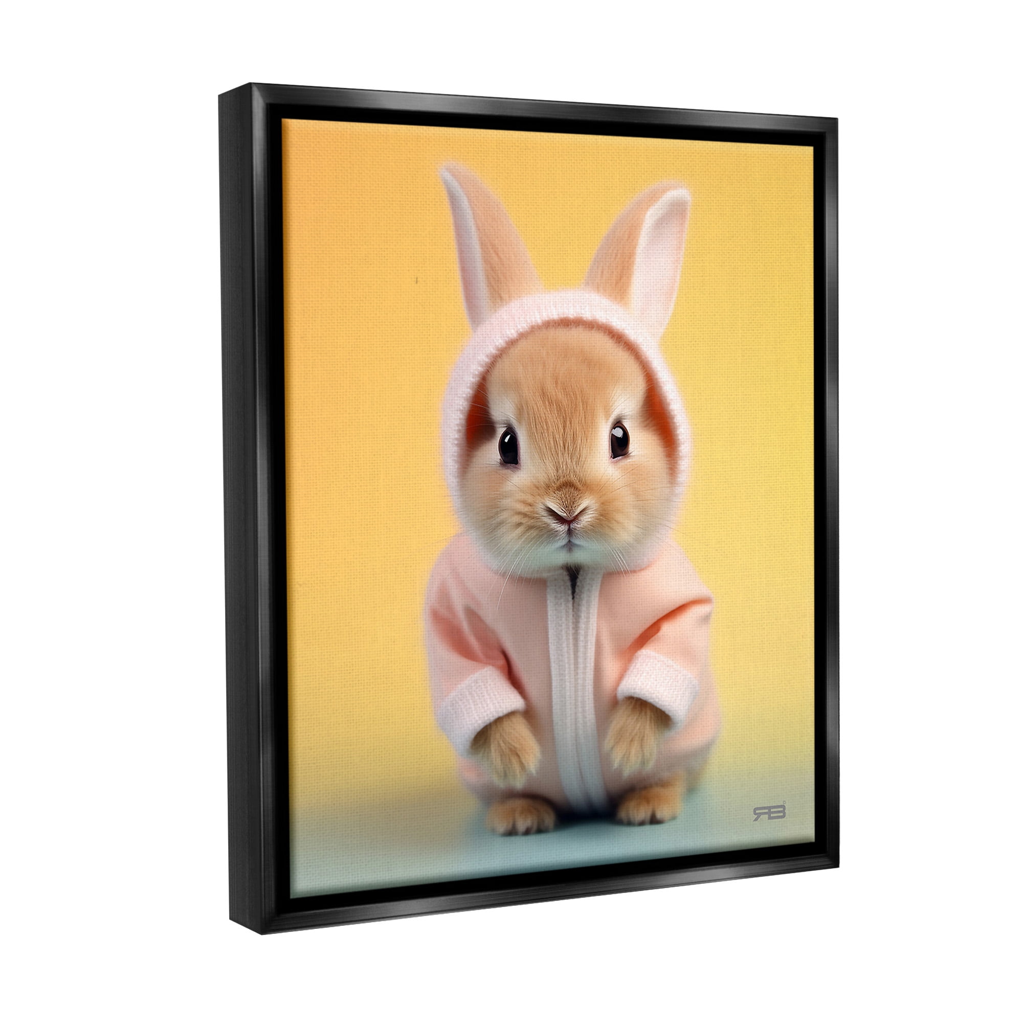 Stupell Industries Cozy Bunny on Yellow Animals & Insects Painting Black Floater Framed Canvas Art Print Wall Art, 25 x 31