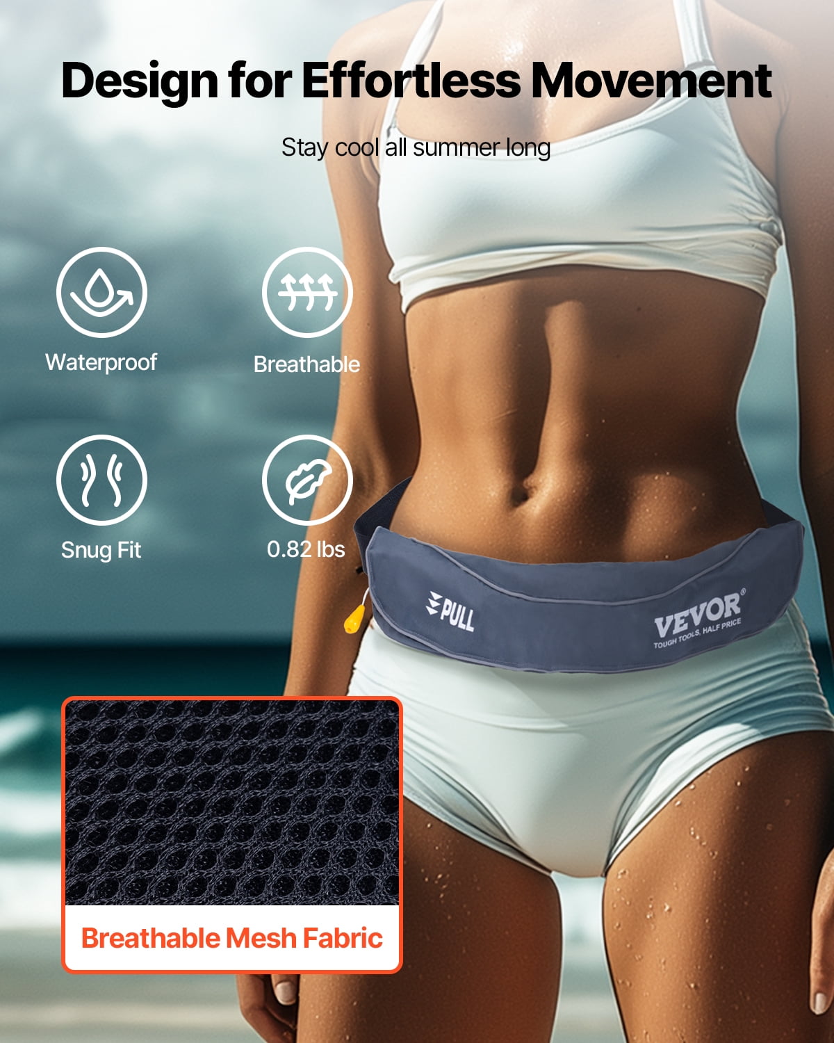 VEVOR Manual Inflatable Belt Pack for Adults, 105N Buoyancy, Over 80 Pounds and Up to 59 in Waist Adjustable, Inflatable PFD Waist for SUP Paddelboarding, Kayaking, Gray (CO2 Cylinder Not Included)