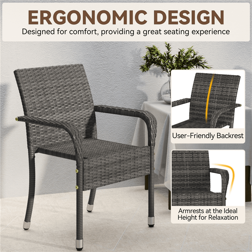 Renwick Outdoor PE Rattan Chair with Armrests and Adjustable Footpads, Set of 2, Gray