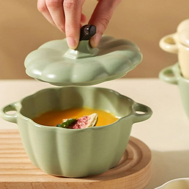 Birdeem Ceramic Pumpkin Bowl with Lid, 20 Oz Handmade Baking and Steaming Bowl, Realistic Pumpkin Shaped Ceramic Pot for Kitchen Decor, Multipurpose Oven Safe Serving Dish