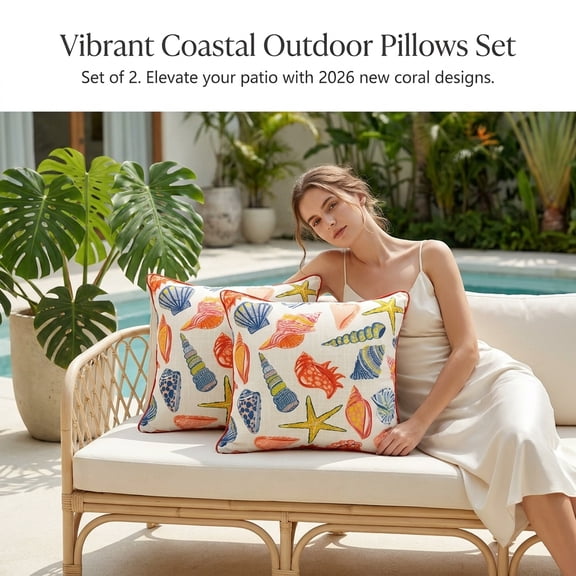 Outdoor Throw Pillows Set of 2, 18x18 Coastal Seashell Patio Pillows, Weather Resistant Polyester, Multi Color