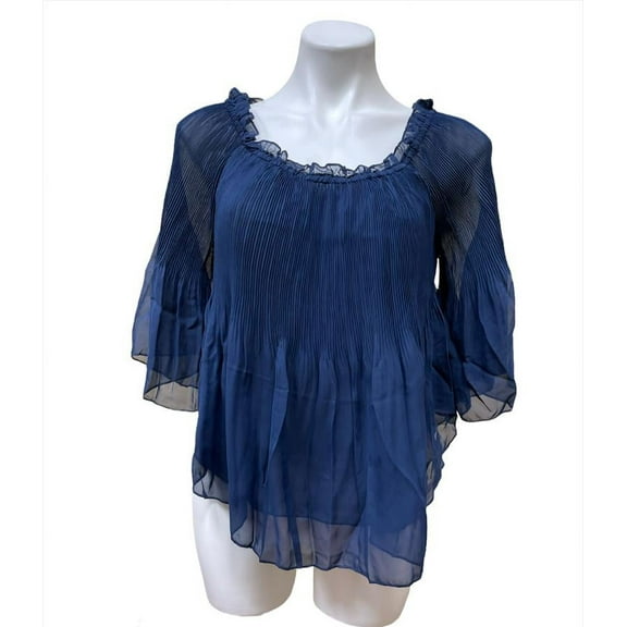 Romeo & Juliet NAVY Pleated 3/4 Bell Sleeve Handkerchief Hem Top, Small