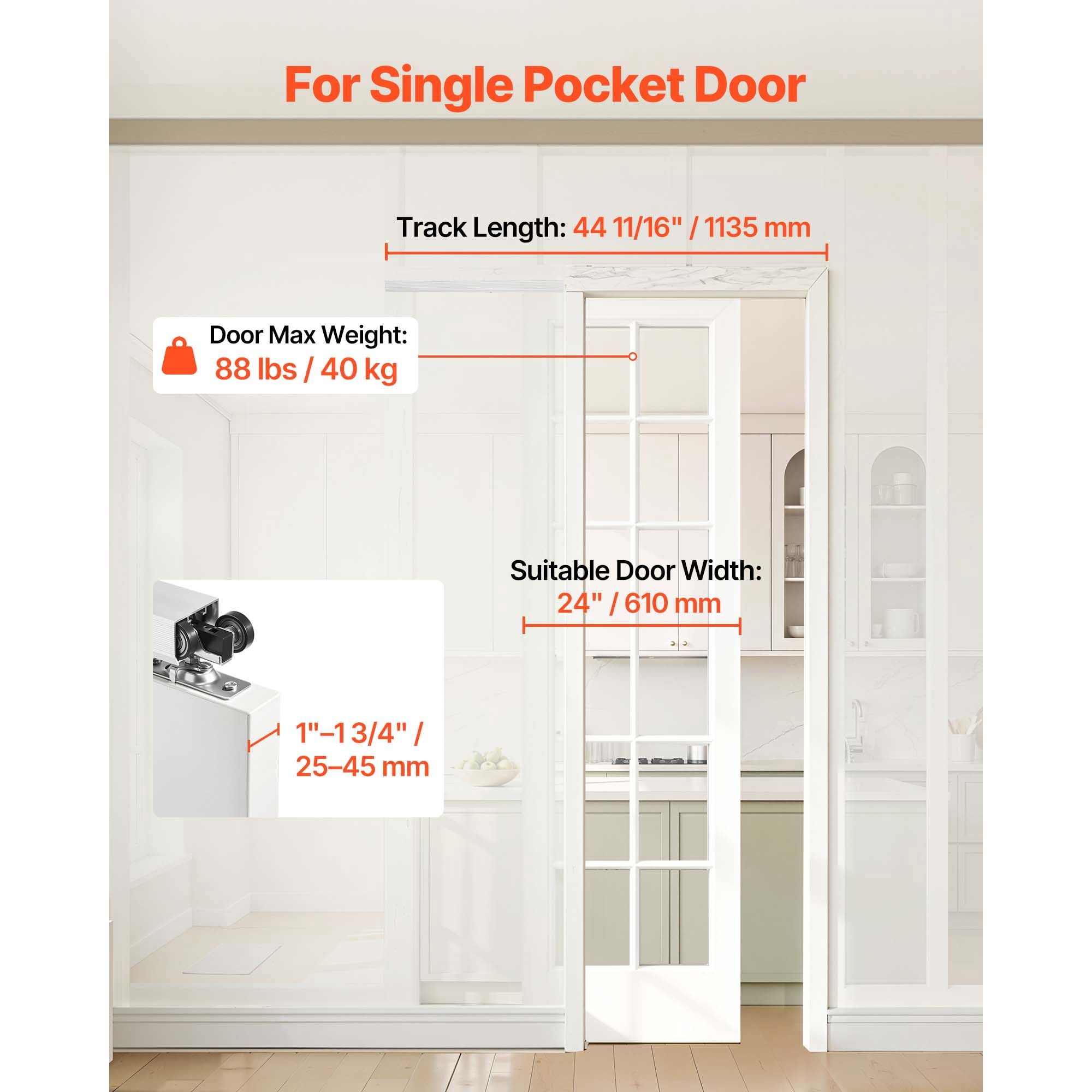 Pocket Door Track Kit 44.69 Inch for 24 Inch Wide Doors Soft-Close Aluminum Alloy with Floor Guide for Bedroom Closet