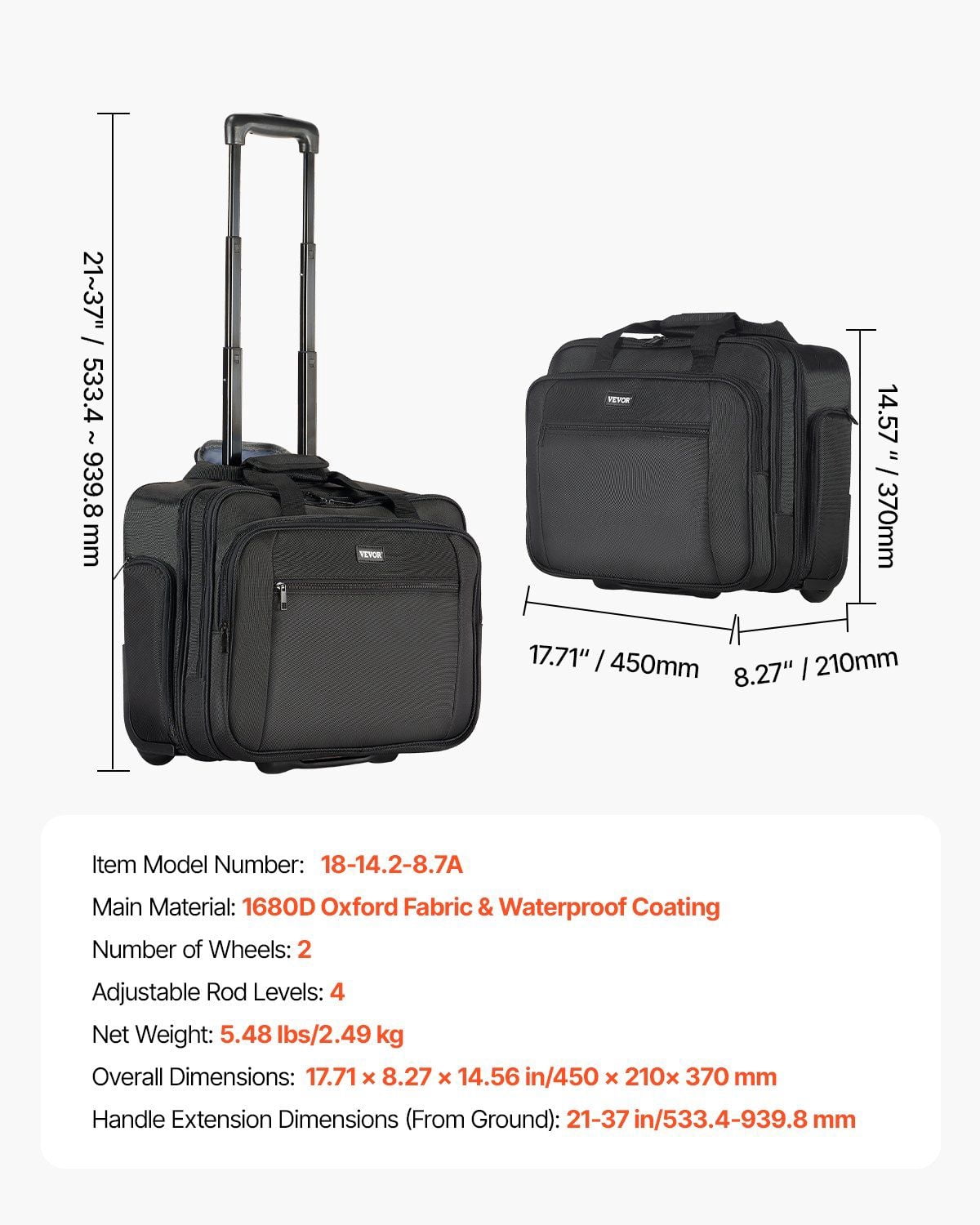 Rolling Laptop Bag with Wheels for 17.3 Inch Computers, Business Travel Briefcase for Women & Men, 1680D Oxford Fabric, Telescopic Handle, Multiple Compartments & Smooth Rolling Design – Black