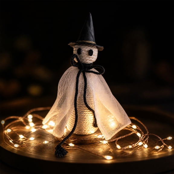 AZXY Cotton Rope Witch Hat Ghost Halloween Decorations Indoor Outdoor, Dual Use Hanging & Tabletop Cute Ghost Ornament for Home Bedroom Office Party Yard Garden Front Porch