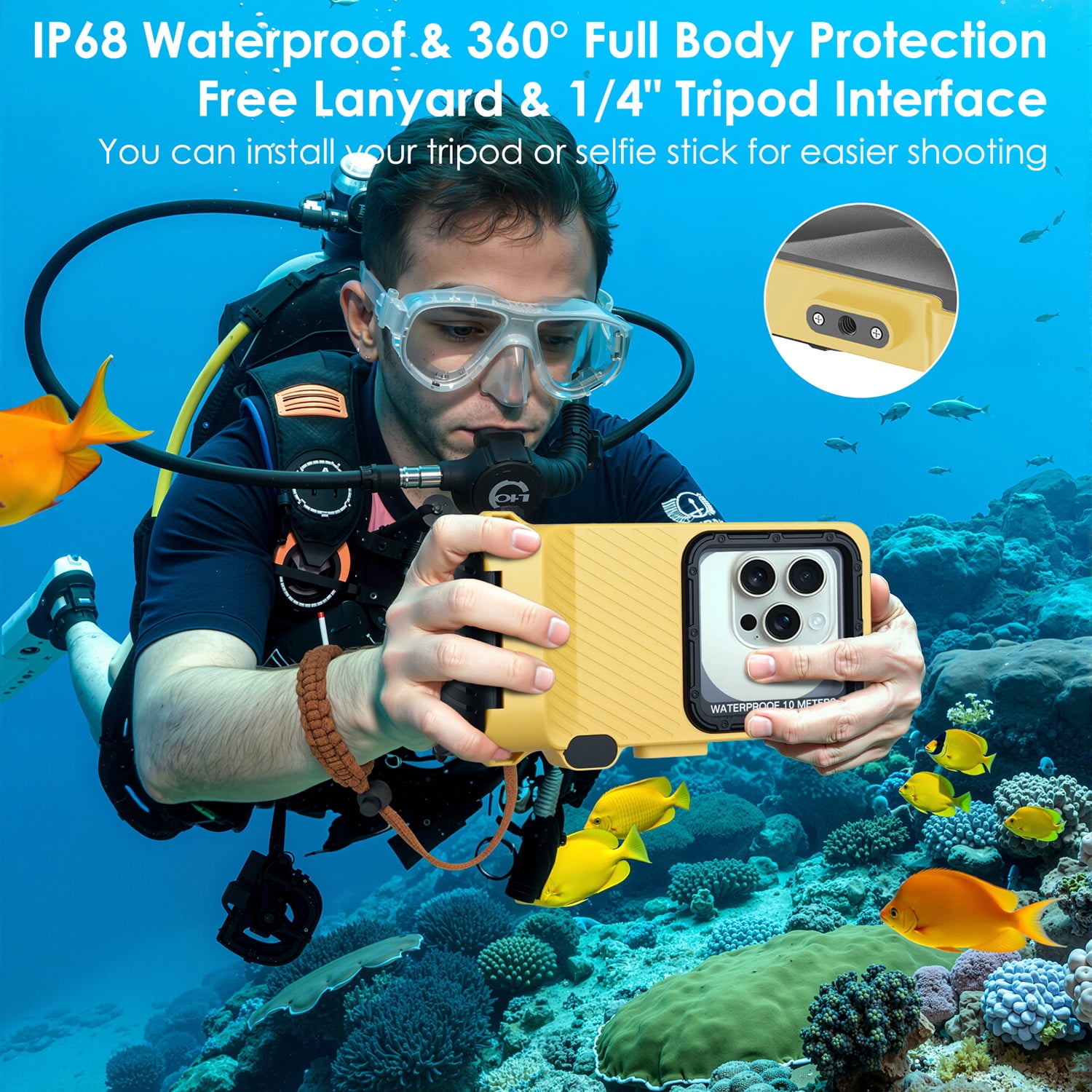 IP68 Waterproof Phone Housing Snorkeling Scuba Diving Case for Swimming Surfing Underwater Touch Screen Phone Cover for iPhone Samsung LG Motorola Google Universal Under 6.9 inch(Yellow)