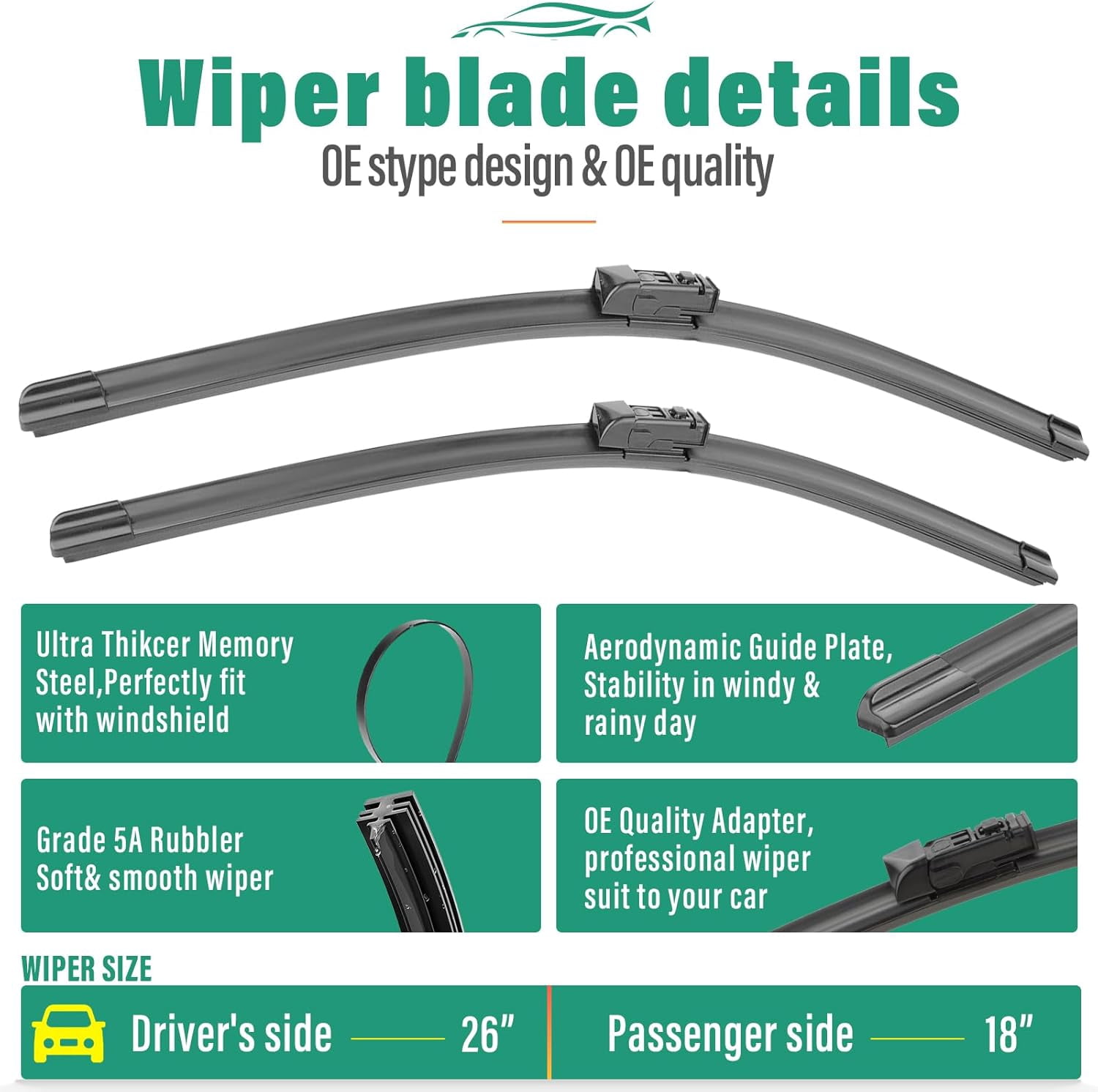 26" 18" 16" Windshield Wiper Blades Replacement for Subaru Outback 2020 2021 2022 2023 2024 2025 Premium All Weather Front Rear Wipers Set - OEM Quality (Pack of 3)