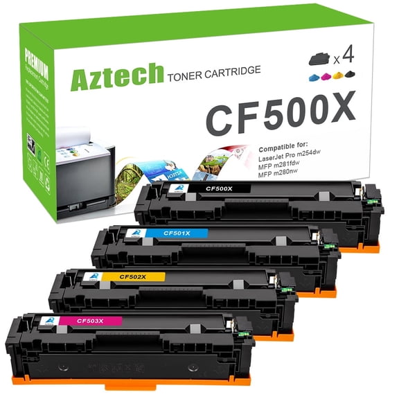A AZTECH 4-Pack Compatible Toner Cartridge with Chip for HP CF500X 202X Color LaserJet Pro M254dw M254dn M254nw Printer (Black,Cyan,Magenta,Yellow)