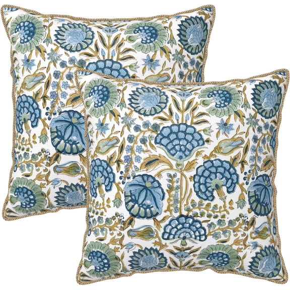 Boho Navy Blue Yellow Pillow Covers 18x18 Inch 2 Pcs Sage Green Vintage Floral Decor Throw Pillows Spring Flower Summer Outdoor Farmhouse Decoration Pillowcase Cushion Cover for Couch Sofa