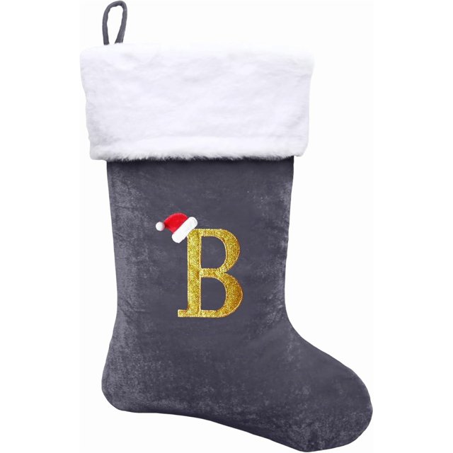 Dbfengbilian 21 Inches Christmas Stockings with Customizable Letters, Large Christmas Stockings with Super Soft Plush Cuff Embroidered Letter - Grey B