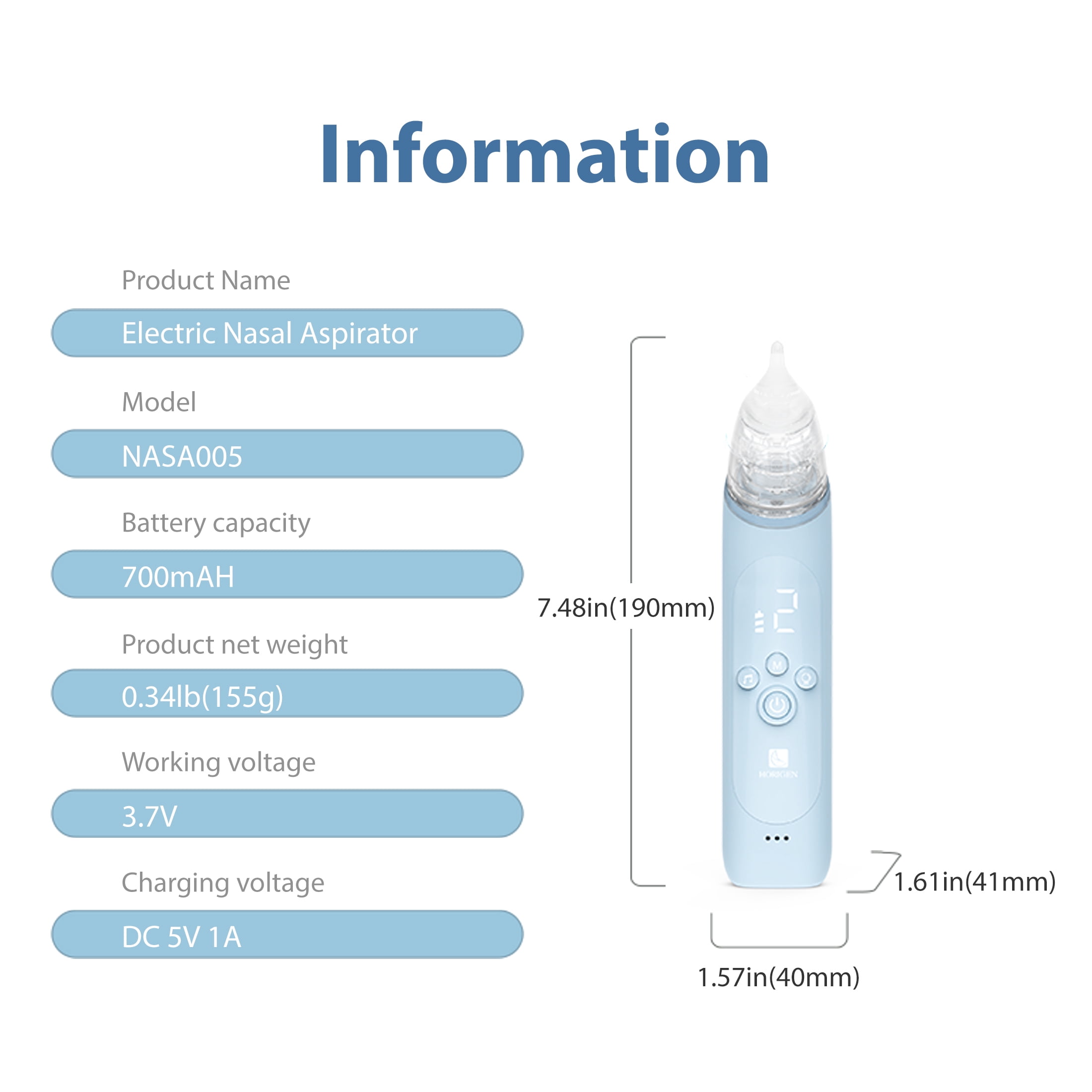 Horigen Baby Nasal Aspirator, 68kPa Electric Nose Sucker with Music & Light, Portable for Newborns