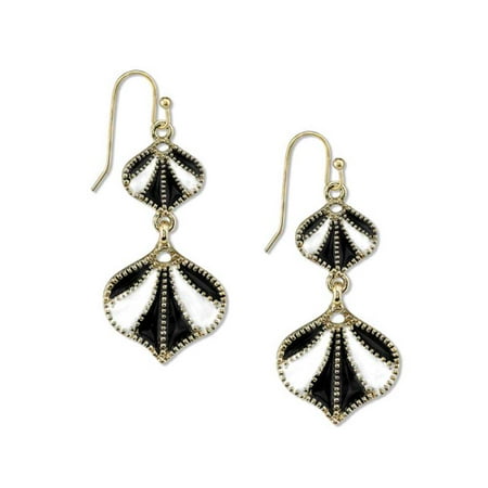 1928 Jewelry Womens Gold-Tone Black/White Enamel Vintage Costume Drop Earrings