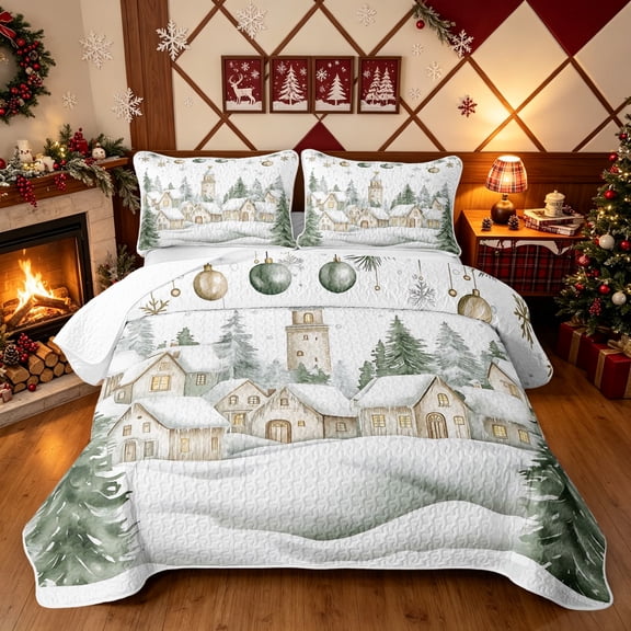 Erosebridal Winter Village Twin Quilt Set, Snow Scene Twin Coverlet Set, White Green, 2-Piece, 1 Bedspread and 1 Pillowcase