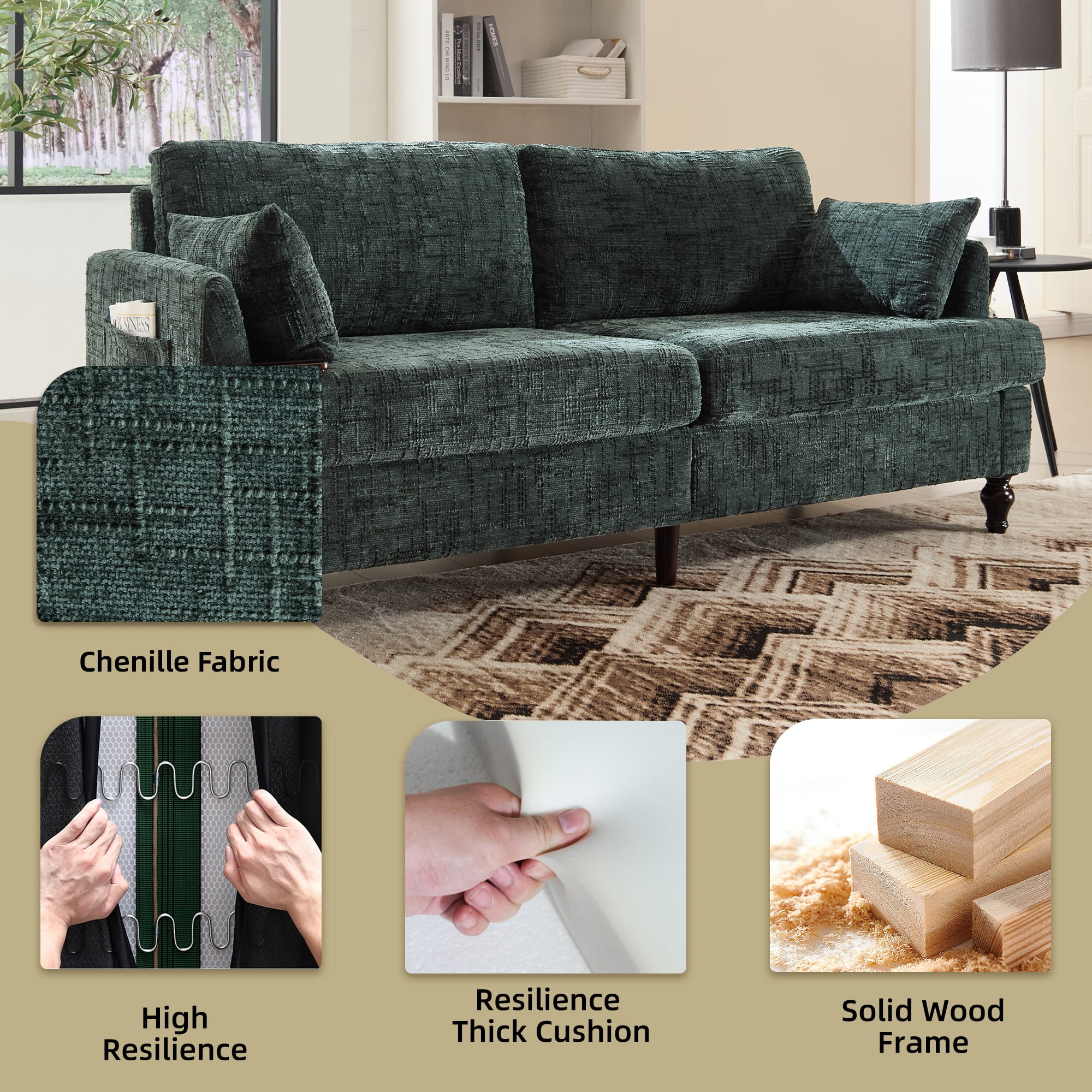 MOONMISS Chenille Upholstered Mid Century Modern Wood Frame Loveseats Sofa with LED light,USB and Side Pocket-Emerald