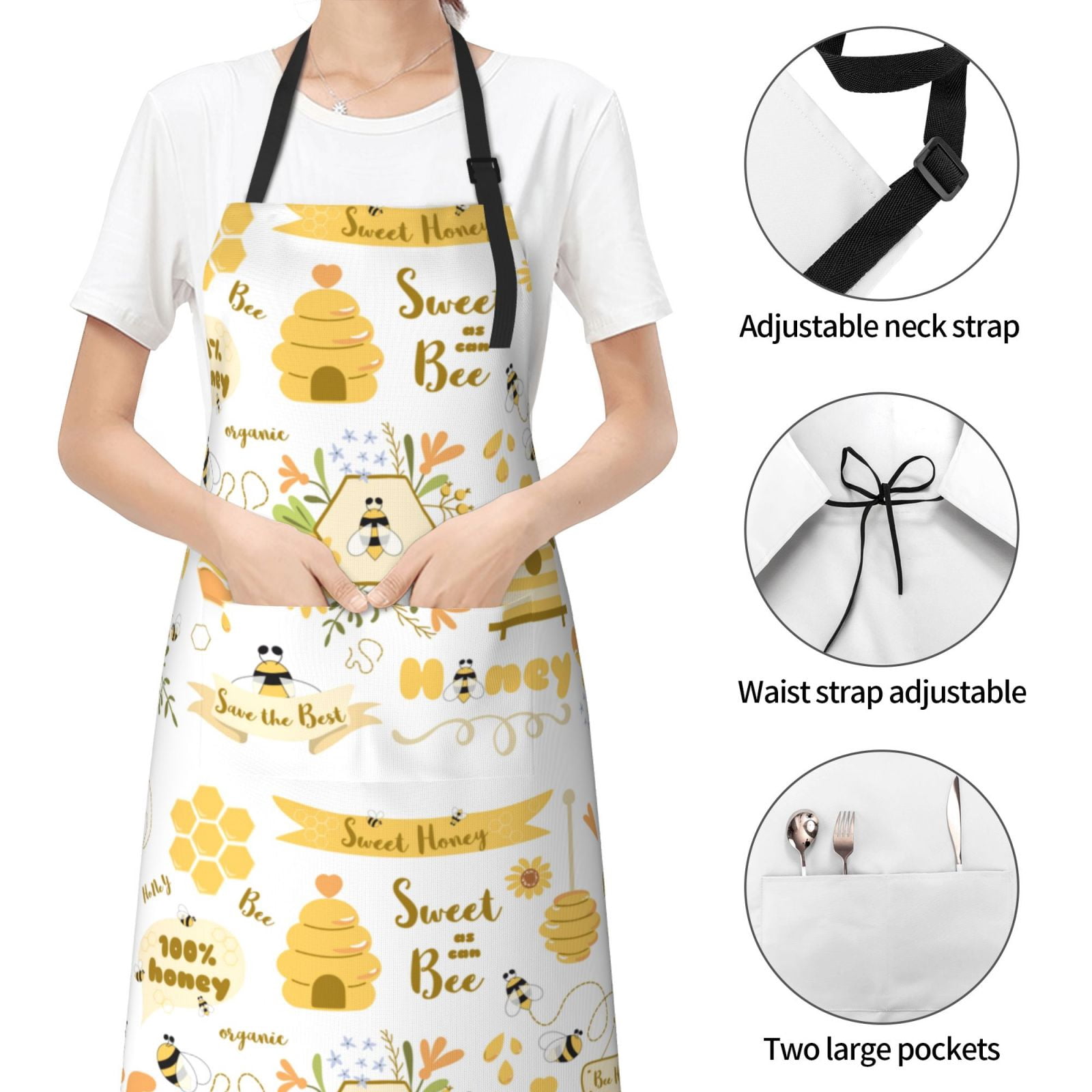 Kdxio Farm Bee Cute Honey Apron with Pockets Adjustable Kitchen Aprons for Men Women Waterproof Aprons for Cooking,Drawing,Crafting, Baking Household Cleaning