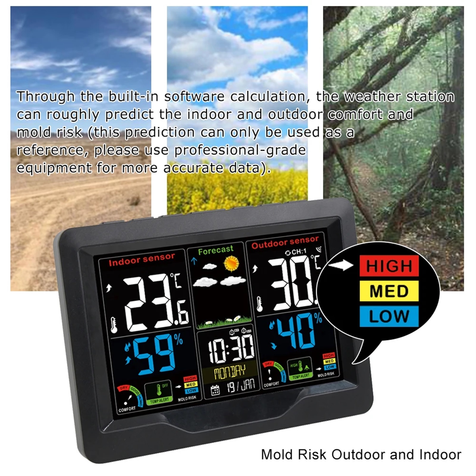 Weather Station Digital Alarm Clock Barometer Outdoor Sensor Temperature Humidity Measurance Weather Forcast Snooze Function ,High Precision