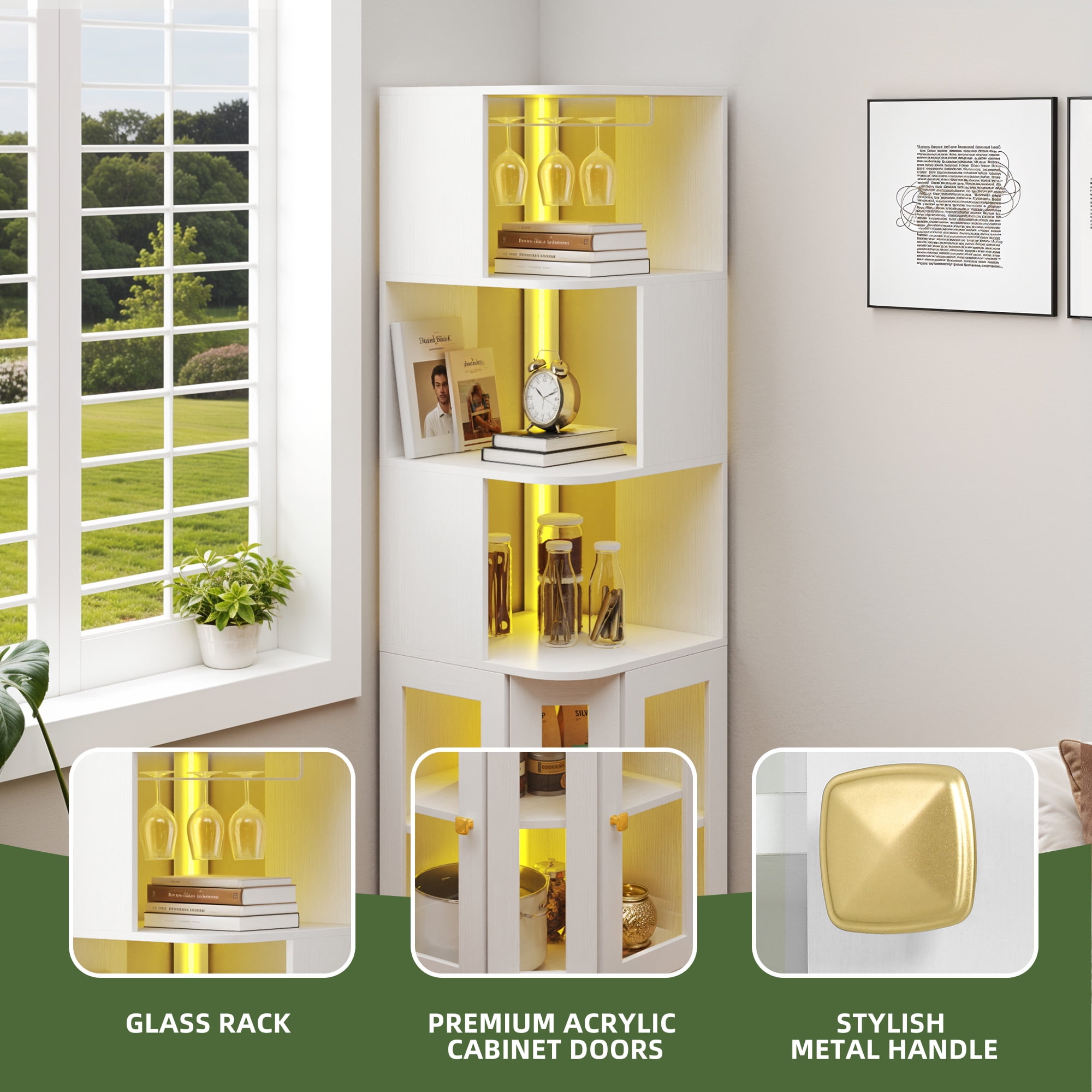 Uforic 5 Tier Corner Bar Cabinet with LED Lights & Glass Holder, Storage Cabinet with Door and Shelves, White