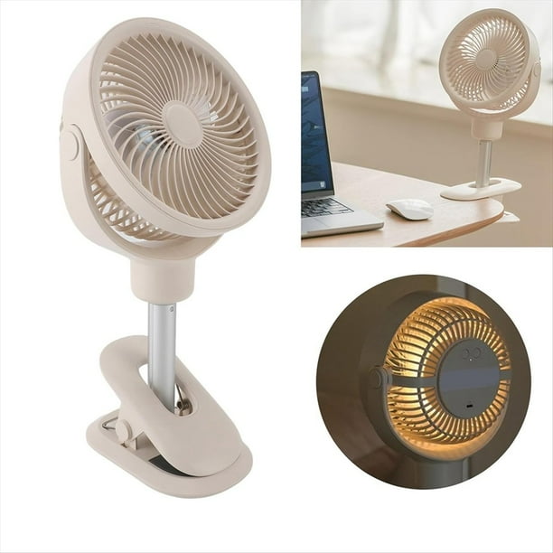 Ventilador de Escritorio con Clip, Ventilador de Piso Telescópico Portátil, 4 Velocidades con Luz LED, Ventilador de Escritorio Oscilante con Clip, Recargable por USB