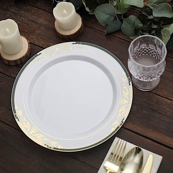 Balsa Circle 10 White Plastic Salad 10" Plates Hunter Green Gold Trim Disposable Tableware