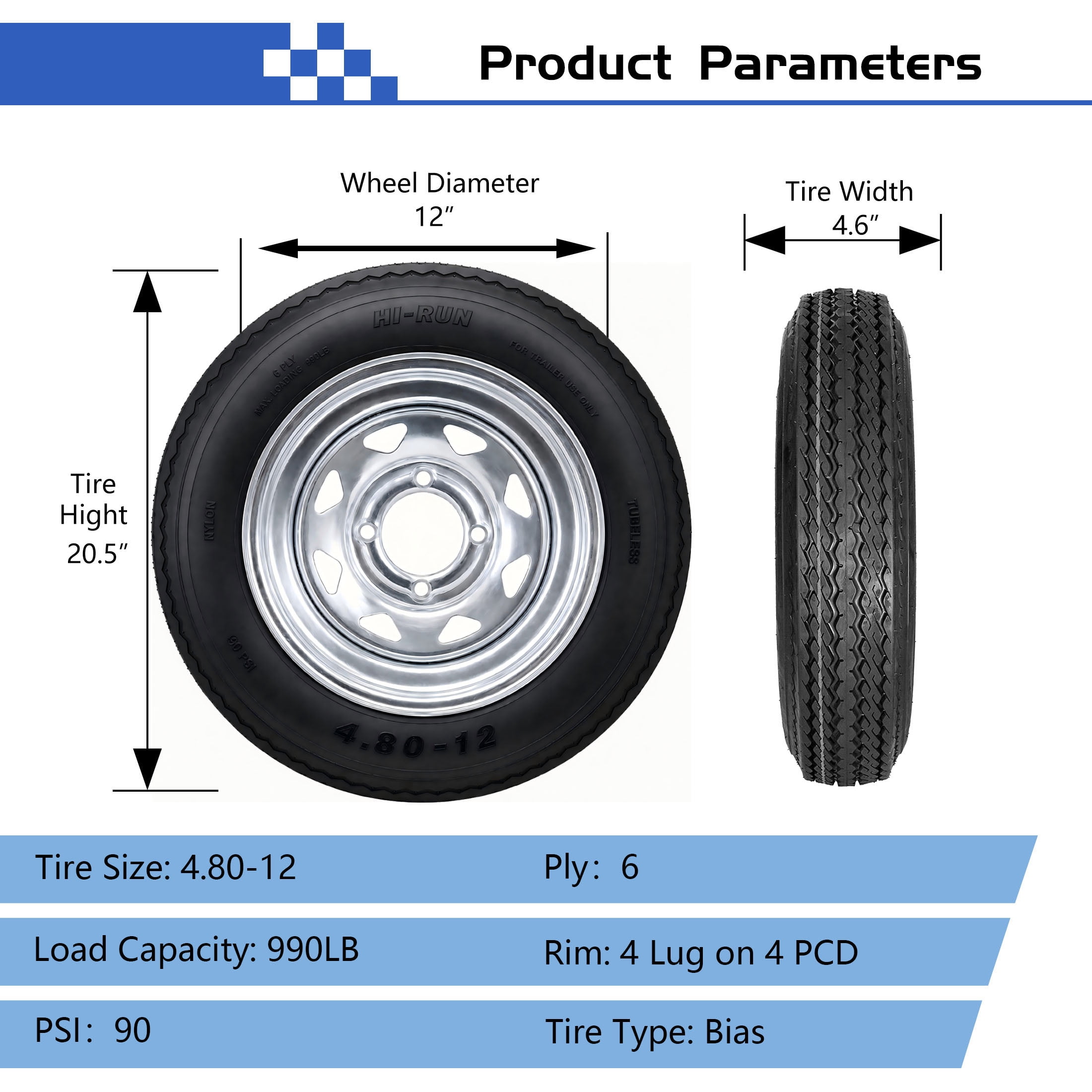 Hi-Run 2 Set SU02 4.80-12 6PR Boat Trailer Tire and 4-Lug Galvanized 8 Spoke Wheel Assembly