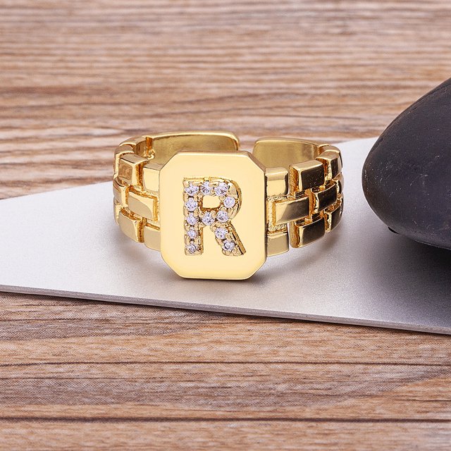 New Fashion A-Z Letters Initial Alphabet Zircon Charm Opening Rings Adjustable For Women Men Lovers Finger Jewelry Accessories