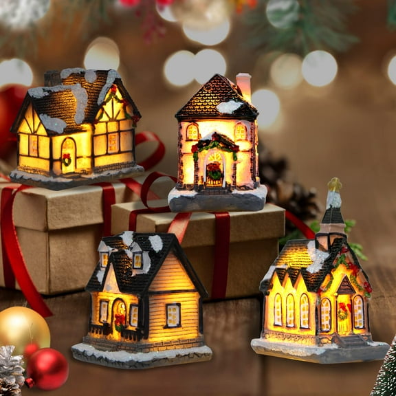 Christmas Decorations Village House Decor Xmas Lantern Decorative Resin House Collectible Buildings Figurine De Navidad Decoración with LED Light for Kids Set of 4