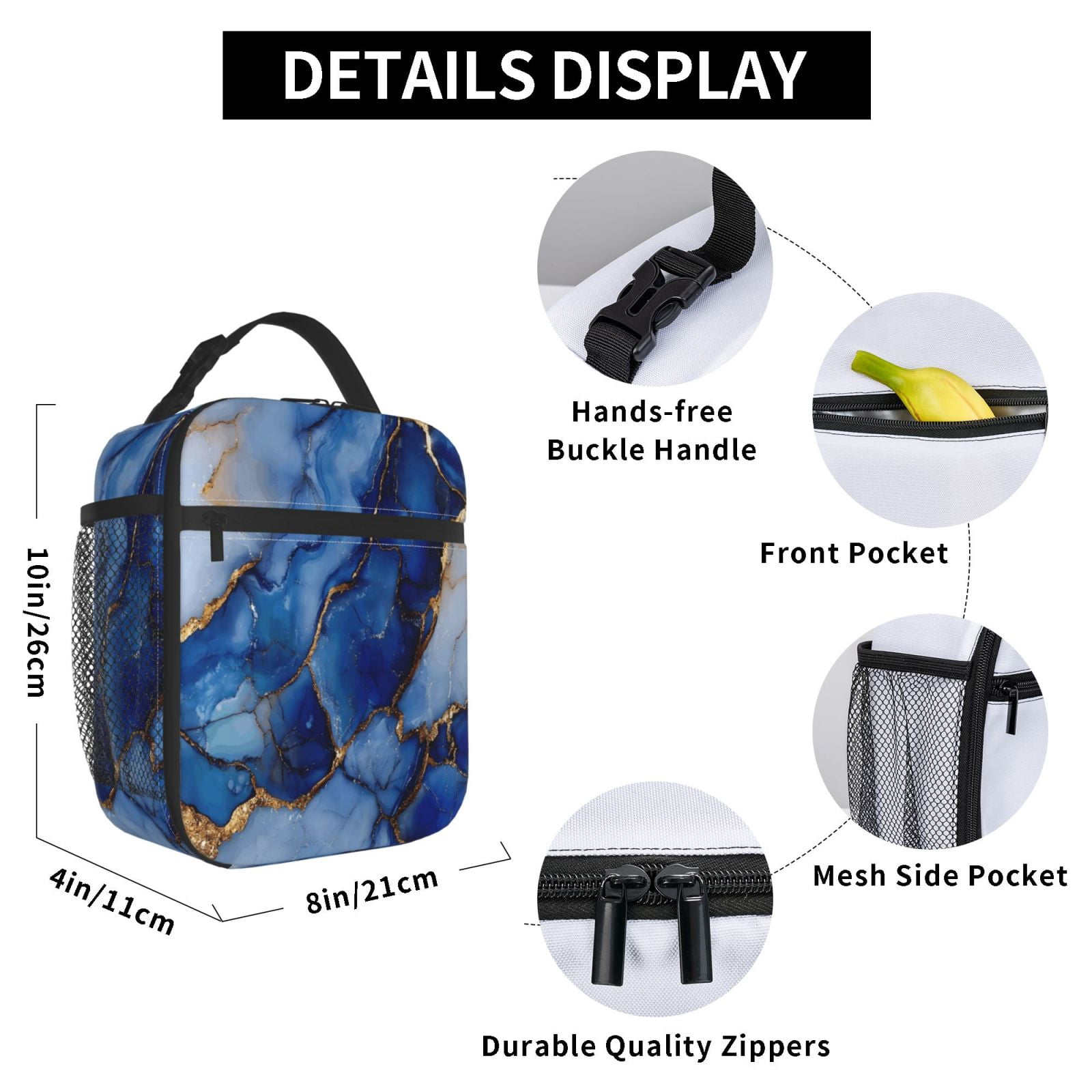Lunch Bag For Women Men Insulated Portable Lunch Box Bento Box Office Picnic Travel Cooler Bag Blue And White Gold Marble