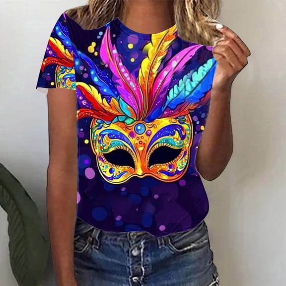 Jsaierl Women's Mardi Gras Shirts Cute Carnival Themed Mask Graphic Tees Loose Fit Short Sleeve T Shirts Blouses Dressy Casual Round Neck Parade Tops