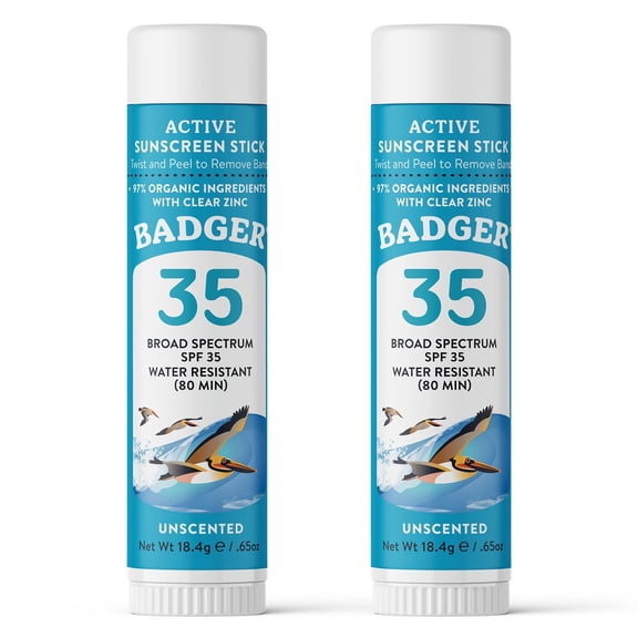 Badger Active Mineral Sunscreen Stick, Unscented, SPF 35, 2-Pack