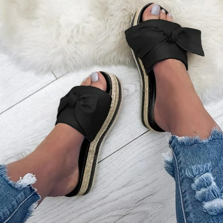 

LIANGP Ladies Slippers Women Flip-Flops Casual Sandals Bowknot Canvas Slippers Casual Flat Beach Shoes Women s Shoes Black Size 6