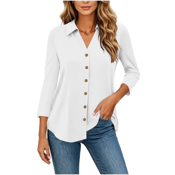 Ziynglg Shirts for Women Collared 3/4 Length Sleeve Tops Button Down Open Front Dressy Tops Summer Work Office Tops