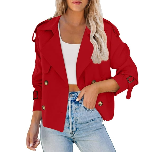 hoksml Women's Cropped Double Breasted Trench Coat Solid Color Raglan Sleeve Casual Loose Fit Jacket with Pockets