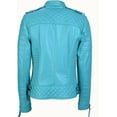 thumbnail image 3 of Women's Genuine turquoise Blue Lambskin Quilted Leather Motorcycle Jacket Stylish Coat W184, 3 of 4