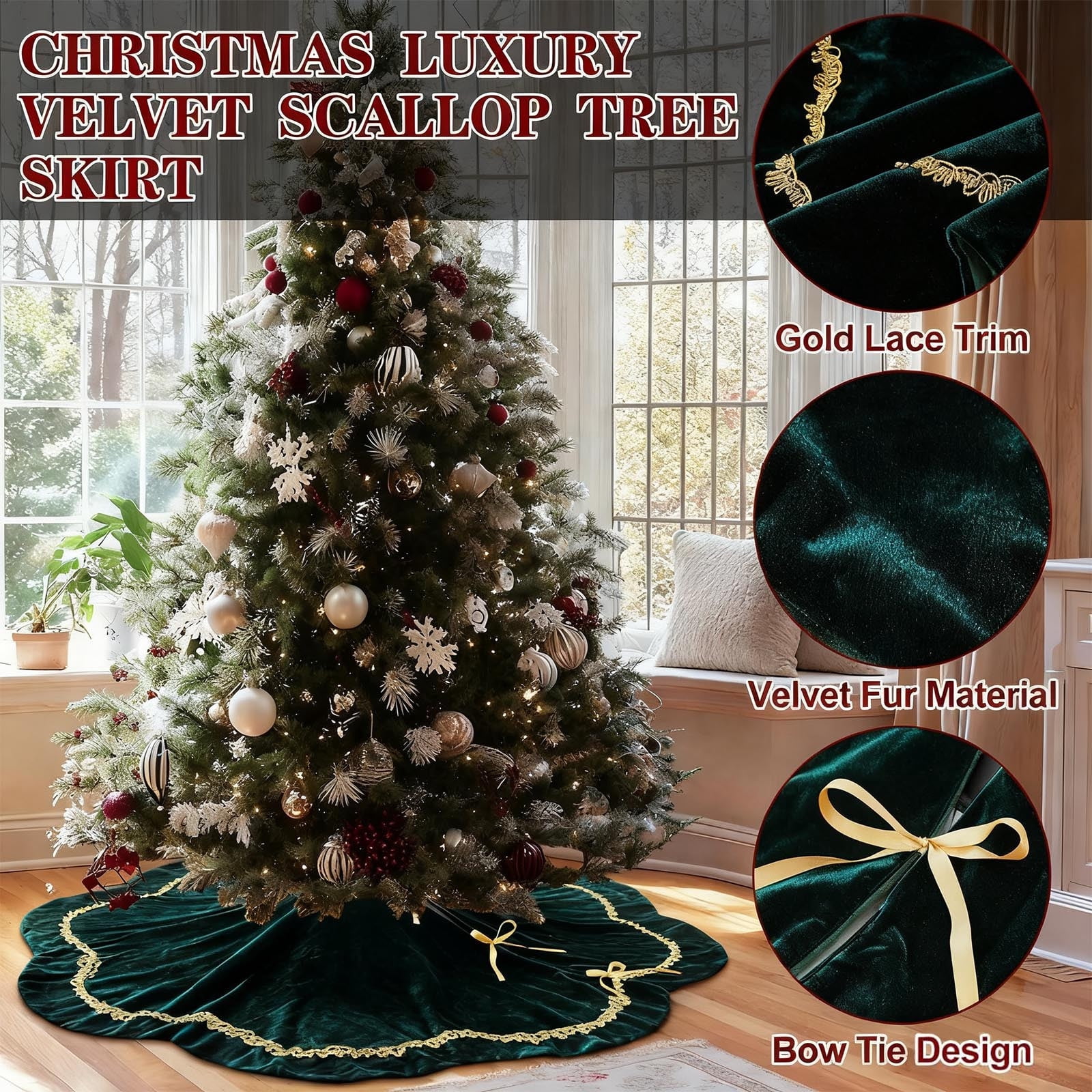 Christmas Decorations, Velvet Christmas Tree Skirt Holiday Tree Base Cover with Bow Tie Design Green Decorative Tree Skirt for Christmas Tree Ornament Display