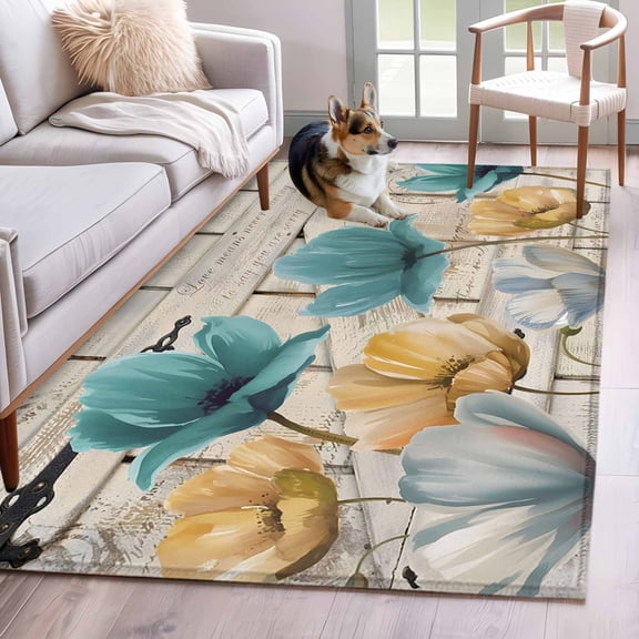 Area Rugs 2.7'x5', Watercolor Flowers Carpet for Living Room Bedroom Dining Room, Vintage Tulips Floral Barn Doors Wood Grain Throw Kitchen Rugs Non Slip Washable Rectangle Indoor Outdoor Rugs