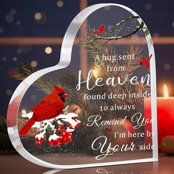 Sympathy Red Cardinal Gift Christmas Memorial Bereavement Gifts Rememberance Gift for Loss of Loved One in Heaven Crystal Acrylic Heart Condolence Gifts for Table Centerpieces Decor