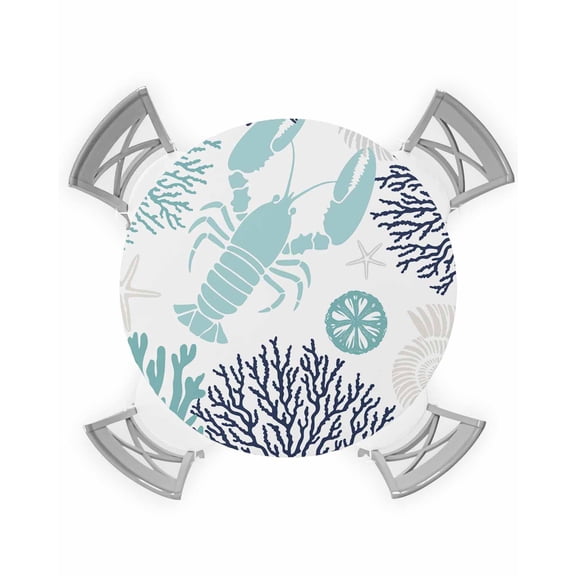 nqOlkjepod Turquoise Coastal Round Tablecloth, Fitted Table Cover with Elastic for 36"-44" Round Tables, Summer Lobster Coral Nautical Table Cloth Outdoor Indoor Dinning Party Waterproof Tablecloths